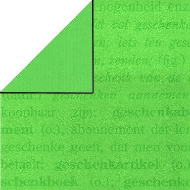 Kadopapier woordenboek groen op groene achtergrond, achterzijde uni groen op geribbeld sterk papier.
 