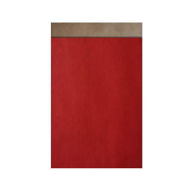 Geschenkzakjes effen rood op smal gestreept bruin kraft papier met 2 cm klepje.
 