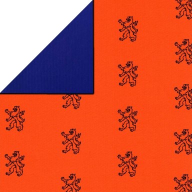 Hup holland! inpakpapier leeuwen motief in blauw met oranje achtergrond, achterzijde uni koningsblauw op geribd sterk papier.
 