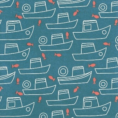 Cadeaupapier vissersbootje met goudvis in een zee blauwe achtergrond op sterk papier.
 