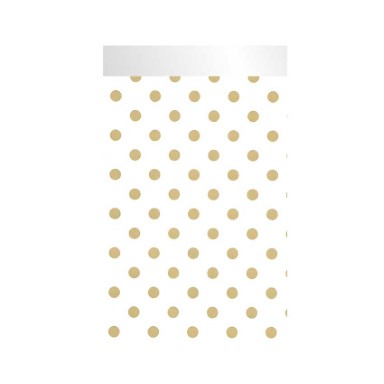 Kadozakjes wit met gouden stippen, 2 cm klepje op sterk wit papier.
 