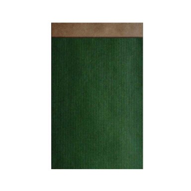 Geschenkzakjes effen groen op smal gestreept bruin kraft papier met 2 cm klepje.
 