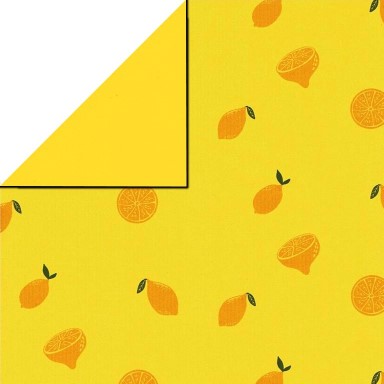 Inpakpapier voorzijde geel voorzien van citroenen, achterzijde uni geel op sterk geribd papier.
 