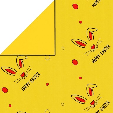 Inpakpapier voorzijde geel voorzien van paashazen, achterzijde uni geel op sterk geribd papier.
 