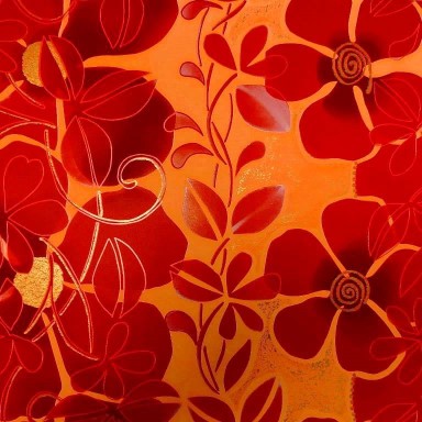 Cadeaupapier mat rode bloemen met goud op glanzend, sterk papier.
 