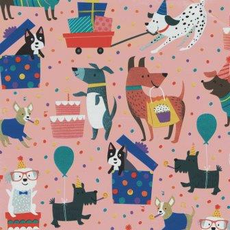 Toonbankrollen inpakpapier honden verjaardagsfeest met roze achtergrond op sterk wit papier.
 