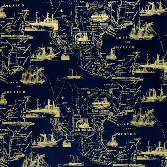 Cadeaupapier gouden zeekaart met mat blauwe achtergrond op sterk papier.
 