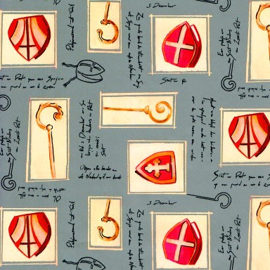 Glanzend luxe sinterklaas cadeaupapier, zilveren achtergrond met mijter en staf.
 