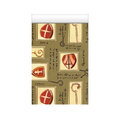 Geschenkzakjes sinterklaas mijter en staf met gouden achtergrond op glanzend papier.
 