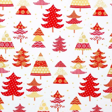 Kerstbomen in rood met goud op een mat witte achtergrond, sterk papier.
 