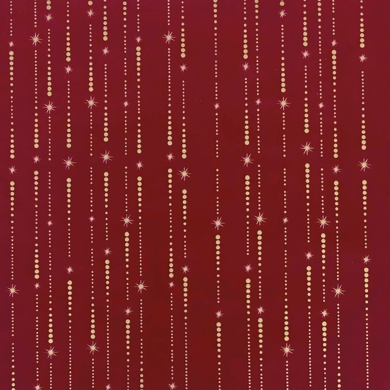 Inpakpapier met gouden kerst sterren in gekleurde cirkels met krullen op een witte achtergrond, glanzend sterk papier.
 