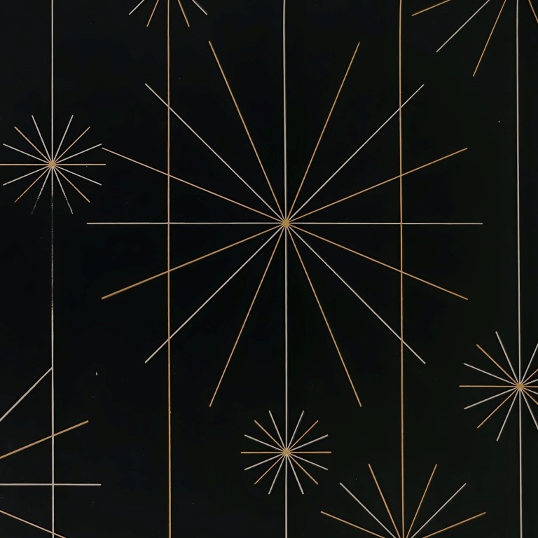 Cadeaupapier metallic goud en zilver stralende sterren in mat zwarte achtergrond op gemetalliseerd papier.
 