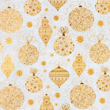 Metallic gouden kerstballen op een witte achtergrond met grijze streepjes textuur, metallic papier.
 
