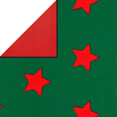 Kerst cadeaupapier sterren rood met groene achtergrond achterzijde effen rood op wit gestreept papier.
 