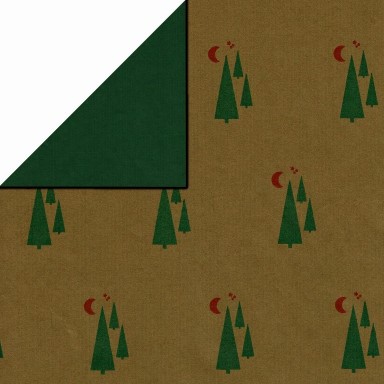 Kerst cadeaupapier sterren rood met groene achtergrond achterzijde effen rood op wit gestreept papier.
 