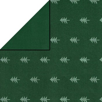 Kerst cadeaupapier zilveren bomen met groene achtergrond achterzijde effen groen op gereycled bruin gestreept papier.
 